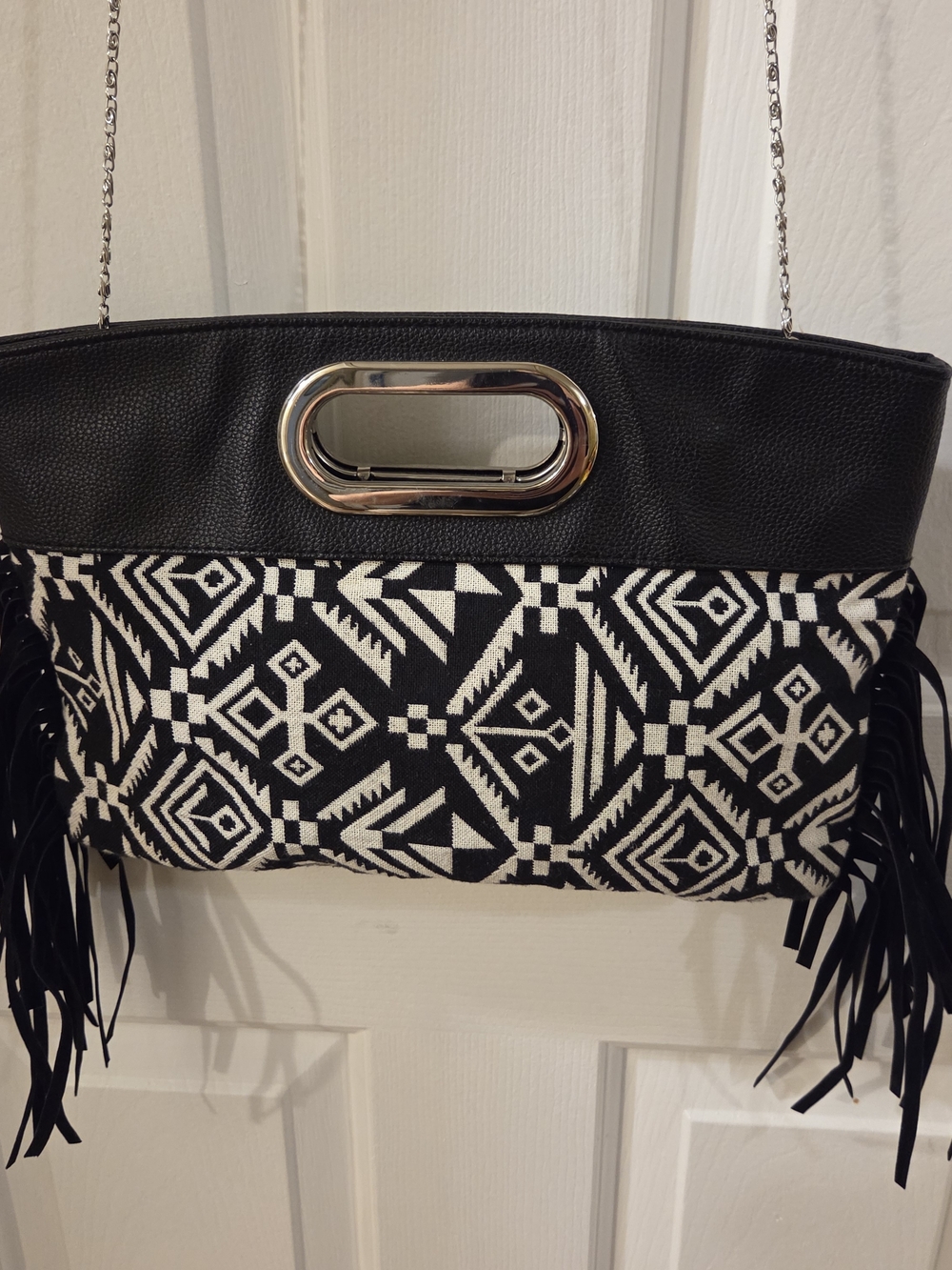 Black & White Geometric Fringe Shoulder Bag